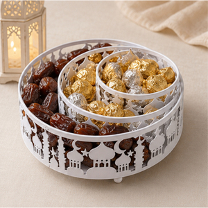 Plateau de service Ramadan en métal blanc ajouré motif château, pour fête islamique musulmane Aïd Moubarak, conteneur de rangement alimentaire décoratif pour table - Product Image 6