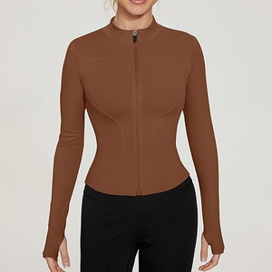 Women Full-Zip Long Sleeve Yoga Top Solid Colour Breathable Stretch Activewear Skinny Fit Gym Training Shirt - Product Image 4