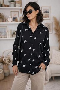 Camisa de Mujer de Viscosa y Rayón Bordada, Estilo Casual para Oficina, Blusa Elegante Negra Estampada con Botones - Product Image 2