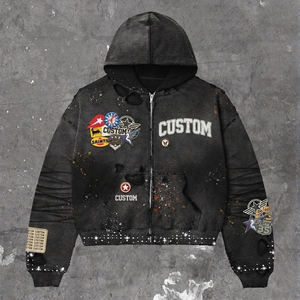 Ensemble sweat à capuche zippé et short camouflage pour homme - Coton molletonné surdimensionné avec strass, effet vieilli et patch vintage - Product Image 6