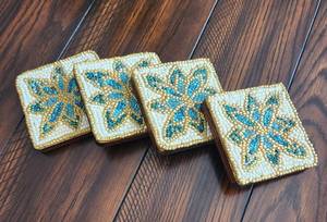 Handmade Beaded Flower Coaster Set of 4 Classic White Gold Mosaic Design Washable <b>Bar</b> <b>Mats</b> - Product Image 1