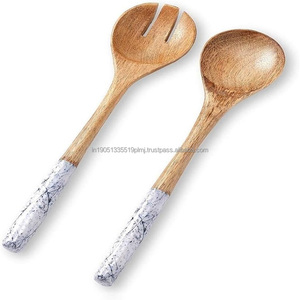 Ensemble de 2 cuillères à salade en bois d'acacia et de manguier écologiques, design minimaliste de 12 pouces avec logo personnalisé pour la maison et la restauration - Product Image 1