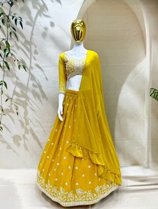 Ensemble Lehenga Choli en polyester brodé jaune, longueur au sol, séchage rapide, robe de fête indienne pakistanaise pour femmes - Product Image 4