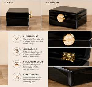 Black Glass Jewelry Storage Box with <b>Gold</b> Accent Natural Stone Knob Velvet Interior Decorative Keepsake and Vanity Organizer - Product Image 4