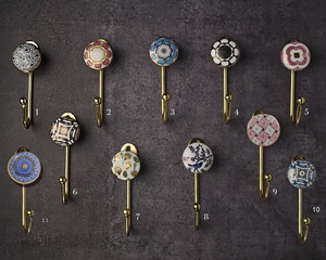 Beads Art Vintage Wall <b>Mounted</b> Coat Hook <b>with</b> 2 Blue Ceramic Hooks Metal <b>Frame</b> Handmade Design Multifunction Self-adhesive - Product Image 3