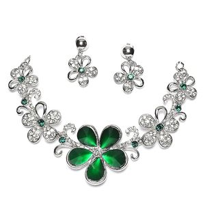 Ensemble collier et boucles d'oreilles en alliage plaqué argent, forme de fleur, cristal, strass, bijoux de fête romantiques pour femmes - Product Image 1