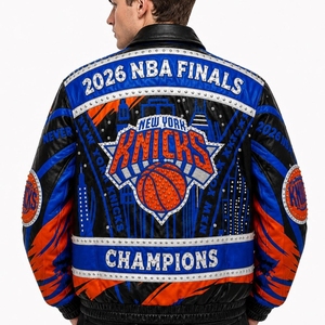 Tarifas de envío directo: Chaqueta de cuero de los campeones de las finales de baloncesto de Nueva York |   Chaqueta Bomber Multicolor con Tachuelas Estilo Universitario para Hombre - Product Image 3