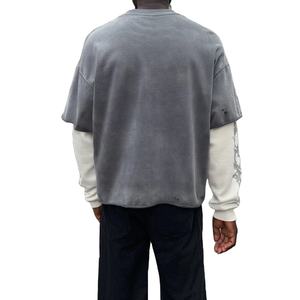 Camiseta de manga larga con doble capa lavada de gran tamaño personalizada para hombre, camiseta Vintage con serigrafía desgastada de algodón para hombre - Product Image 2