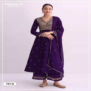 Conjunto de traje semi-cosido con pantalón palazzo de seda Vichitra de alta calidad con hilo de viscosa y Zari con trabajo de lentejuelas, proveedor indio. - Product Image 1