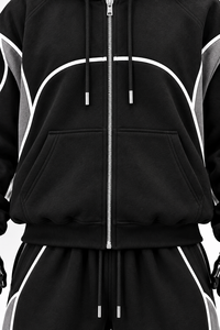 Men's Autumn Beaded Black Hooded Full-<b>Zip</b> Loose Fit Streetwear Tracksuit <b>Sweatshirt</b> and Pants Set with White and Gray Stripe - Product Image 6