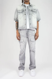 Jean en denim gris déchiré pour homme, taille mi-haute, fermeture boutonnée, style urbain, avec perles décoratives, pantalon unisexe - Product Image 3
