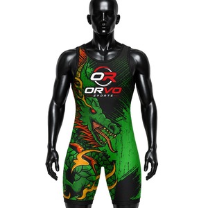 Maillot de lutte sans couture respirant pour homme ORVO, imprimé dragon vert, séchage rapide, débardeur sportif, col rond, design ajusté - Product Image 1