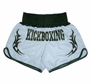 Shorts de Muay Thai et de Kickboxing brodés sur mesure, en satin noir avec motif flamme camouflage blanc, logo personnalisé, taille élastique, short d'entraînement - Product Image 1