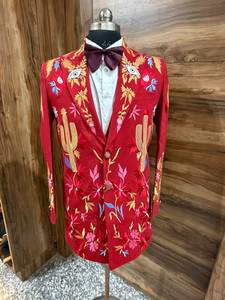 Men’s Red Western Embroidered Suit <b>Set</b> | Floral & Cactus Embroidery <b>Blazer</b> with Matching Trousers - Product Image 3