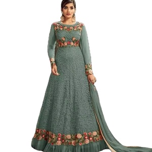 Georgette Printed Thread <b>Mirror</b> Work Gown Indo-Western Salwar Kameez Regional Indian Clothes for Wedding and Party Wear - Product Image 1