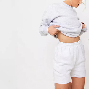 <b>Women's</b> Grey Crew Neck Fleece Sweatshirt and <b>White</b> Shorts Set with Hoodie Loose Fit Casual 2-Piece Autumn <b>Tracksuit</b> - Product Image 1