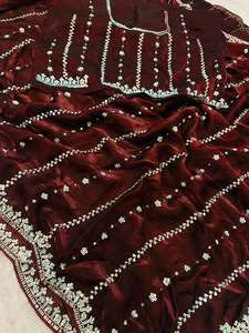 Sari indio de estilo moderno con tela satinada Fandy, diseño de bordado con lentejuelas y pedrería, con blusa para usar en bodas. - Product Image 3