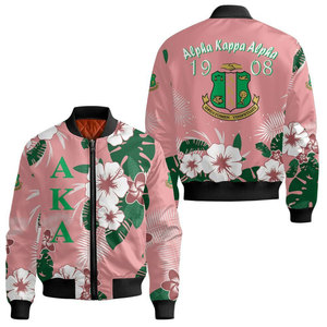 Blouson bomber rose Alpha Aka avec lettres grecques et motif de blason, veste unisexe décontractée à fermeture éclair, coupe-vent - Product Image 4