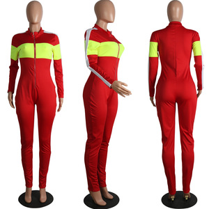 Combinaison longue à manches longues pour femme, noire et vert néon, à blocs de couleur, taille haute, coupe ajustée, fermeture éclair sur le devant, en Spandex et Polyester, style moderne - Product Image 3