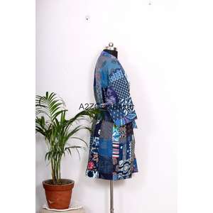 Robe courte pour femmes faite à la main, col en V, fermeture à cordon, imprimé floral, 100% coton, multicolores, style bohème, kimono japonais - Product Image 5