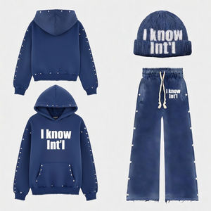 Ensemble sweat à capuche et pantalon de survêtement unisexe en coton 100% personnalisé, style streetwear vintage, coupe ample, 2 pièces, avec fermeture éclair, effet vieilli, délavé à l'acide et strass - Product Image 6