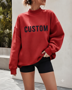 เสื้อสเวตเชิ้ตคอเต่าโอเวอร์ไซส์สำหรับผู้หญิง สีแดง แขนยาว ผ้าถัก คอตตอน ปักโลโก้ด้านหน้า สไตล์ลำลองสำหรับฤดูใบไม้ร่วง - Product Image 1