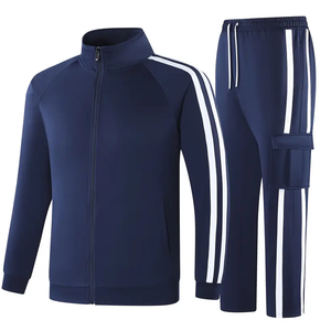 <b>Men's</b> Navy Blue Tracksuit Set Full Sleeve Zipper <b>Jacket</b> Pants Striped Design Breathable Sporty Regular Fit Autumn Wear - Product Image 1