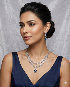 Classic Retro Silver Plated Double Layer TearDrop Pendant Necklace And Drop Earring Luxury American Diamond Wedding <b>Jewellry</b> Set - Product Image 6
