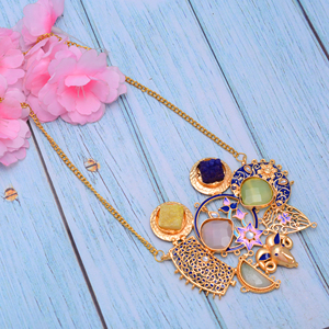 Collar Pintado a Mano con Baño de Oro Estilo Indio Fusion con Piedras Preciosas en Bruto, Joyería Artesanal India al por Mayor para Fiestas, para Mujer - Product Image 6