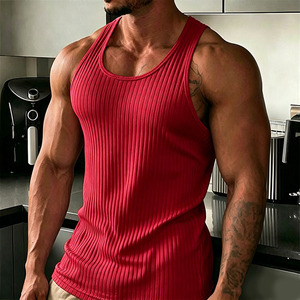 Camiseta sin mangas roja acanalada para hombre, cuello redondo, tejido no tejido, 100% algodón, estampado digital de leopardo, deportiva, transpirable, 220g - Product Image 1