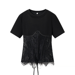 Crew Neck Short Sleeve Solid Color Lace <b>Crop</b> <b>Top</b> Women Casual Blouse Shirt Spring Summer Fashion <b>Tops</b> - Product Image 2