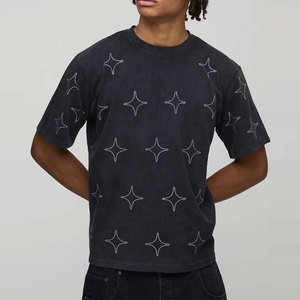Camiseta de hombre personalizada con efecto lavado en spray, estilo retro, corte holgado, cuello redondo, con purpurina y adornos de pedrería, de manga corta para verano - Product Image 3