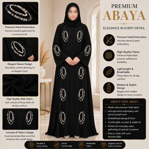 Abaya noire de luxe |   Robe longue musulmane modeste brodée de perles de pierre pour femme, tenue islamique chic avec manches élégantes, style tendance - Product Image 5