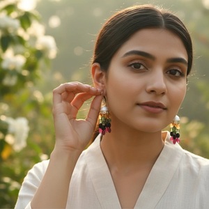 Pendientes de Plata de Ley 925 Hechos a Mano con Racimo de Piedras Preciosas Herencia, con Rubí, Joyería de Moda al por Mayor de Jaipur, India - Product Image 2