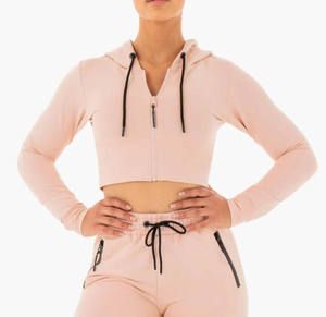 Hoodies courts en coton personnalisés style coréen avec fermeture éclair pour femme, décontractés, tricotés, couleur unie, vente en gros - Product Image 1