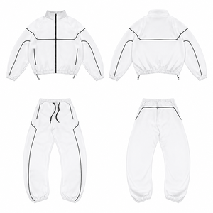 Casual Fashion Streetwear Solid Contrast Piping <b>Zip</b>-<b>Up</b> <b>Jacket</b> and Drawstring Waist 2-in-1 Tracksuit Set Windbreaker - Product Image 1