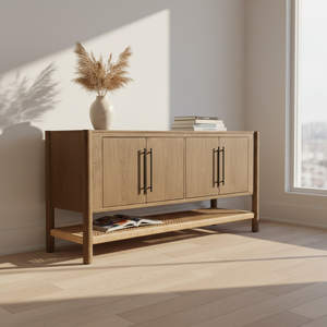Buffet en bois tressé naturel à 4 portes avec étagère en rotin, meuble de rangement moderne en bois et tissu tressé, pieds ronds - Product Image 3