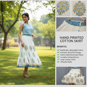 Falda Artesanal con Estampado Jaipuri, Falda de Algodón para Mujer, con Forro Astar, Ribete en Contraste, Cordón Ajustable, Estilo Étnico - Product Image 3