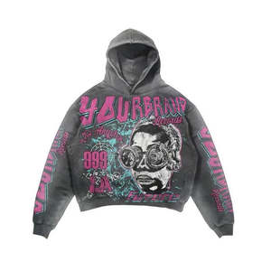 Sweat à capuche streetwear premium effet vieilli 100 % coton avec impression en relief « NO OWNERS », tissu français épais et confort lavé. - Product Image 5