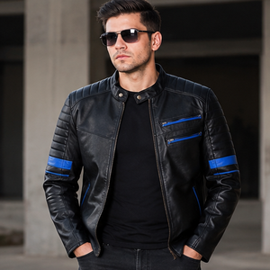 Blouson moto homme en cuir véritable noir, coupe ajustée, col rabattable, fermeture éclair, finition rouge, style automne - Product Image 2