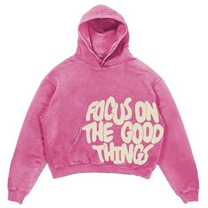 Sweat à capuche court unisexe imprimé « Focus On The Good Things », coupe oversize, en coton lavé, style décontracté automne - Product Image 3