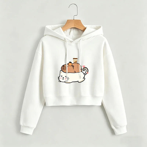 Women's Black Hoodie Cartoon <b>Cat</b> Coffee Print Cotton Knitted Casual Autumn Style Front Logo Short Length Regular Sleeve - Product Image 4