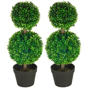 2 Pezzi di Palle di Bosso Artificiale da 23,5 Pollici, Albero Topiario a Doppia Sfera con Foglie Verdi in Vaso Illuminato per Decorazioni Domestiche per Halloween - Product Image 1