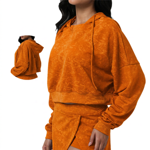 Ensemble de survêtement décontracté pour femme, respirant, à capuche, coupe courte, bleu uni, coupe ample, manches longues, automne, avec ourlet fendu et élastique - Product Image 5