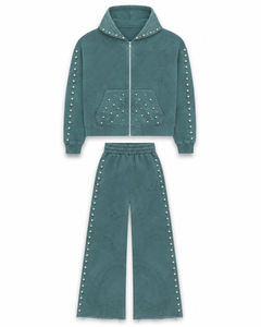 Brand Tracksuit Set Digital Printing Rhinestone Acid Wash Streetwear Regular Solid Hooded Full Length Cotton Fleece Fabric - Product Image 2