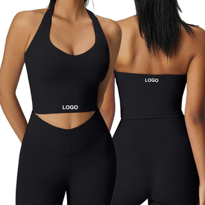 Sujetador deportivo de punto transpirable con cuello en U y tirantes halter para mujer, con almohadillas extraíbles y copa completa, ideal para yoga, fitness y gimnasio. - Product Image 3