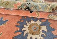 Tapis Premium Peach Oushak noué à la main en laine/soie, bordure vert sauge, motif floral traditionnel, adapté aux animaux domestiques, antidérapant, à poils ras 1