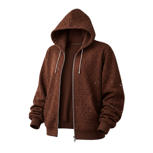 เสื้อฮู้ดซิปสีน้ำตาลแบบยูนิเซ็กซ์ ประดับคริสตัล ผ้าฟลีซสั่งทำพิเศษ ผ้าฝ้าย 100% ทรงโอเวอร์ไซส์ สไตล์ลำลอง สตรีทแวร์ มีกระเป๋าหน้า - Product Image 3