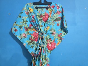 Vestido Kaftán Ecológico 100% Algodón de la India para Mujer, Cintura Natural, Estampado de Pájaros Turquesa, Suave, Holgado, Verano, Cierre Elástico en la Cintura - Product Image 3