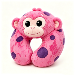 Soft Fluffy Monkey <b>Travel</b> <b>Pillow</b> for <b>Kids</b> Adults Cute Pink Monkey Neck <b>Pillow</b> with Earmuffs - Product Image 2